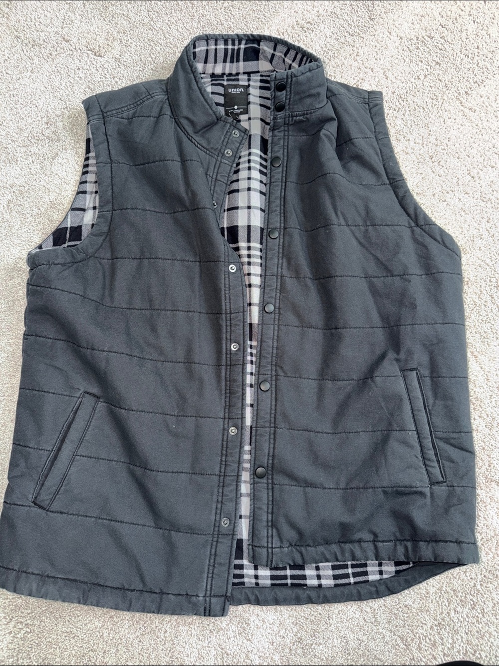 Union Men's Dark Gray Quilted Vest with Plaid Lining